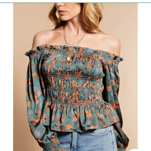 NWT Kori peasant milkmaid boho smocked blouse size large teal floral print - Picture 5 of 12